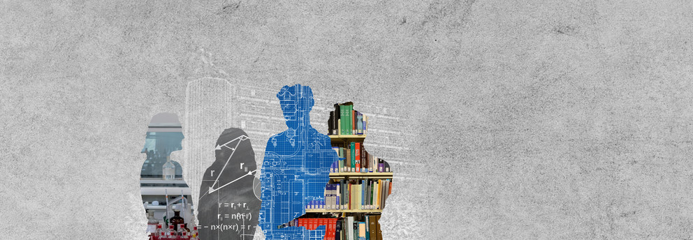 Nachwuchsförderung Bunte Personensilhouetten vor Zeichnung des TU-Mathetowers